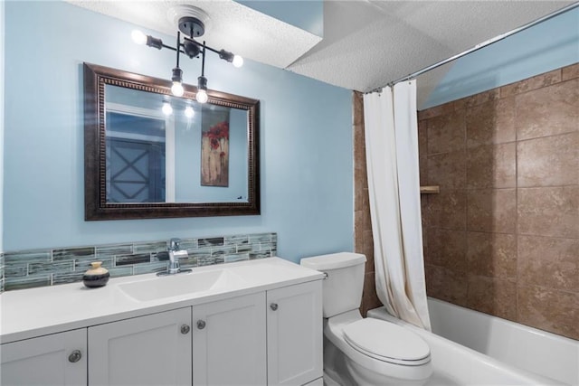 16011 W 149th Ter, Olathe, KS 66062 - full bathroom with vanity, a textured ceiling, decorative backsplash, and shower / bath combination with curtain