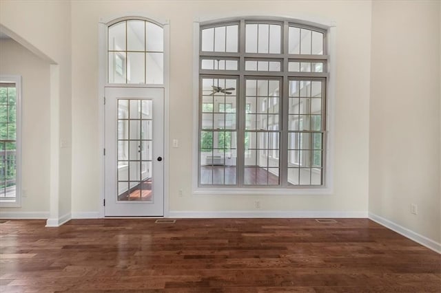 906 Cheatham Ct, Warrensburg, MO 64093 - doorway with wood finished floors, baseboards, and a ceiling fan