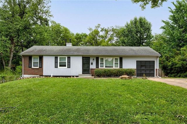9701 Beacon Ave, Kansas City, MO 64134 - ranch-style home with an attached garage, concrete driveway, a front lawn, and brick siding