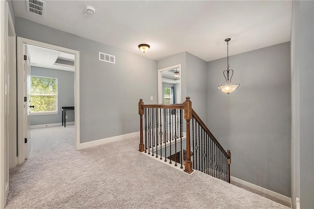 5021 NW Timberline Dr, Riverside, MO 64150 - hall with an upstairs landing, carpet, and baseboards