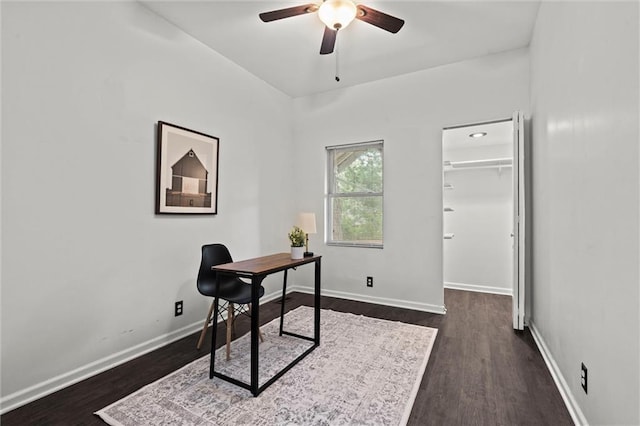4421 Tracy Ave, Kansas City, MO 64110 - office space featuring ceiling fan, dark wood-style floors, and baseboards