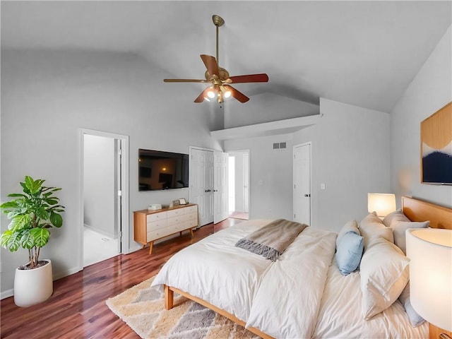 18100 E 11th Terrace Ct N, Independence, MO 64056 - bedroom featuring wood finished floors, high vaulted ceiling, and ceiling fan