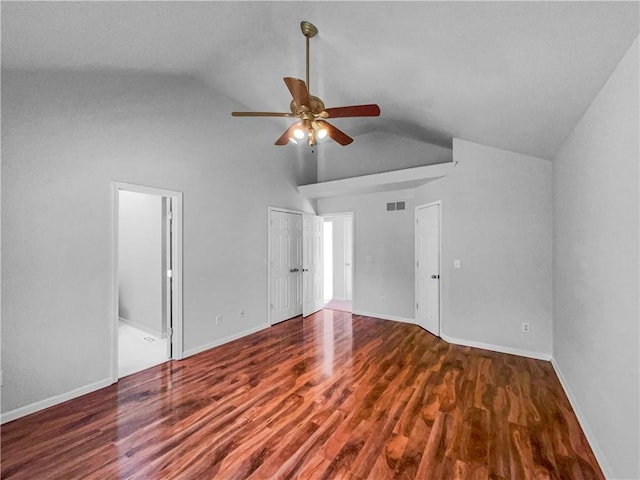 18100 E 11th Terrace Ct N, Independence, MO 64056 - unfurnished bedroom with wood finished floors, baseboards, connected bathroom, ceiling fan, and high vaulted ceiling