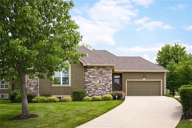 16904 S Bradley Dr, Olathe, KS 66062 - view of front of house with stone siding, stucco siding, an attached garage, and a front yard