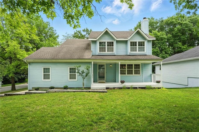 8025 Woodstone St, Lenexa, KS 66219 - traditional-style home featuring a chimney, a front lawn, a shingled roof, and a porch