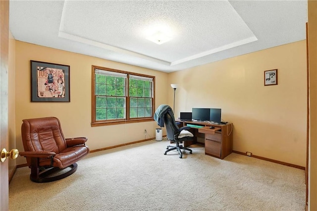 8025 Woodstone St, Lenexa, KS 66219 - home office featuring a textured ceiling, carpet, and a tray ceiling