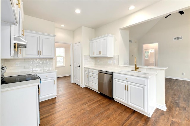 20105 Crestone St, Spring Hill, KS 66083 - kitchen with stainless steel dishwasher, range with electric stovetop, a sink, white cabinetry, and decorative backsplash