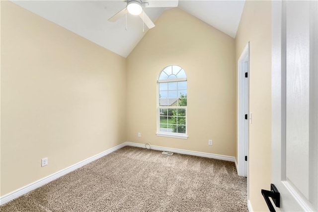 20105 Crestone St, Spring Hill, KS 66083 - empty room with carpet, a ceiling fan, vaulted ceiling, and baseboards