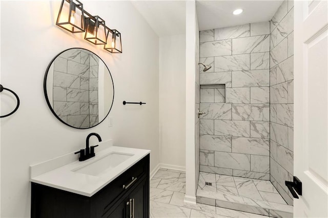 20105 Crestone St, Spring Hill, KS 66083 - full bath with marble finish flooring, vanity, a tile shower, recessed lighting, and baseboards