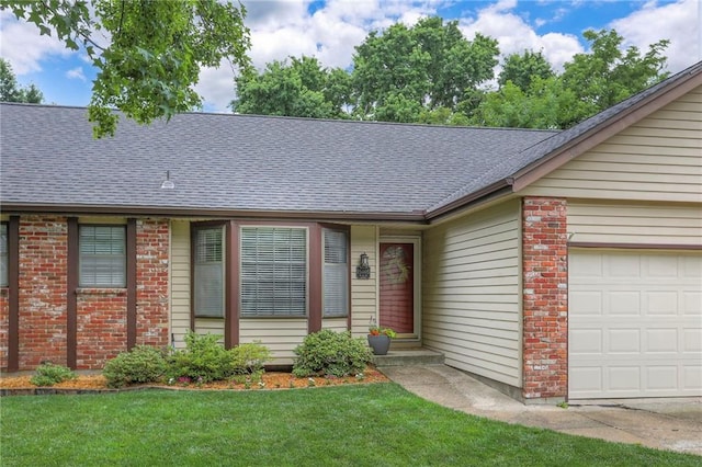 15005 W 94th St, Lenexa, KS 66215 - ranch-style house with brick siding, roof with shingles, a garage, and a front yard