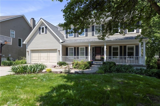 7642 N Atkins Pl, Kansas City, MO 64152 - view of front facade with covered porch, a front lawn, a garage, and driveway