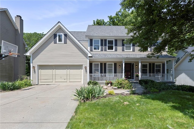 7642 N Atkins Pl, Kansas City, MO 64152 - traditional home featuring driveway, covered porch, a front lawn, roof with shingles, and a garage