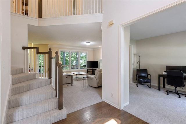 7642 N Atkins Pl, Kansas City, MO 64152 - stairs featuring carpet, wood finished floors, a high ceiling, and ornamental molding