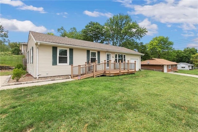 1216 1st St, Platte City, MO 64079 - ranch-style house with a wooden deck and a front lawn