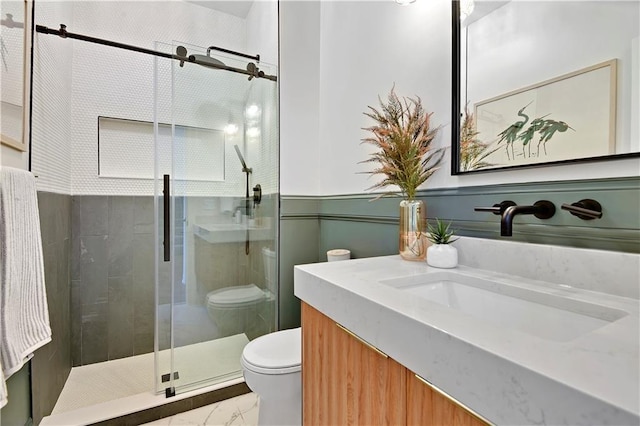 16821 Goddard St, Overland Park, KS 66221 - full bathroom with toilet, vanity, a shower stall, and marble look tiles