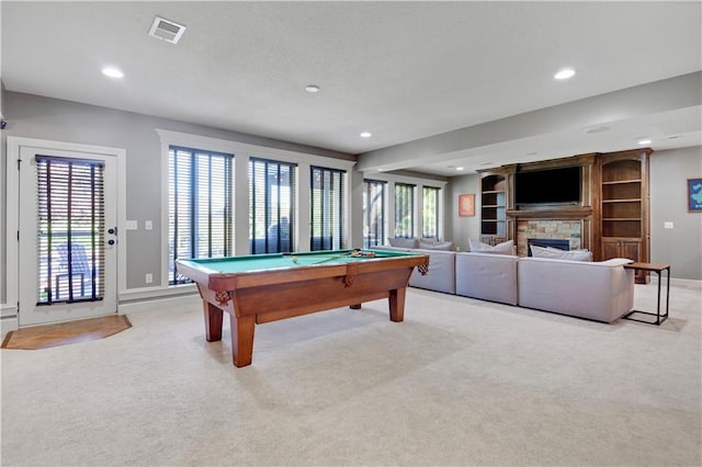 16821 Goddard St, Overland Park, KS 66221 - rec room featuring carpet, billiards table, recessed lighting, a fireplace, and baseboards