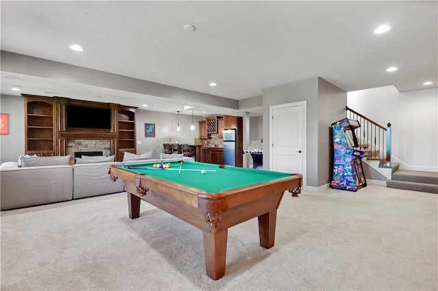 16821 Goddard St, Overland Park, KS 66221 - rec room with light colored carpet, a stone fireplace, recessed lighting, baseboards, and pool table