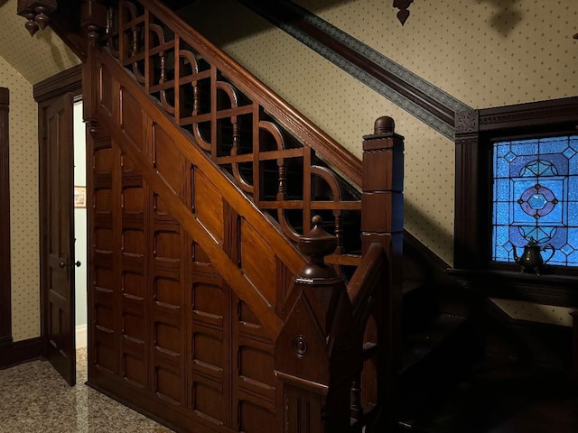308 E Arrow St, Marshall, MO 65340 - staircase with wallpapered walls and baseboards