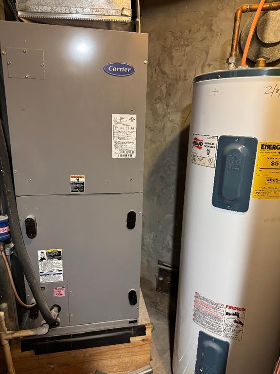 308 E Arrow St, Marshall, MO 65340 - utility room with electric water heater and heating unit