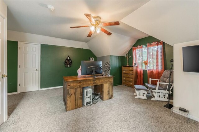 124 Wildwood St, Excelsior Springs, MO 64024 - carpeted office space with a ceiling fan, vaulted ceiling, and baseboards