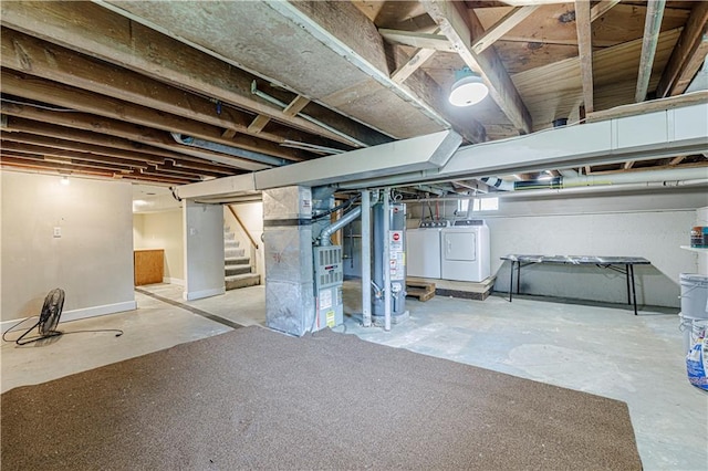 2200 E 126th St, Kansas City, MO 64146 - unfinished basement featuring water heater, stairs, independent washer and dryer, and heating unit
