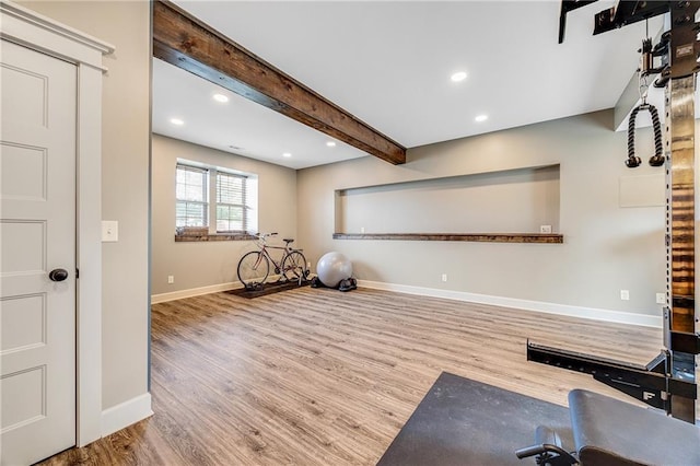 12301 White Oak St, Peculiar, MO 64078 - exercise room featuring baseboards, wood finished floors, and recessed lighting