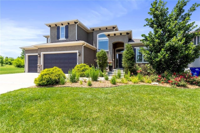 11446 S Longview Rd, Olathe, KS 66061 - view of front of home with stucco siding, a front lawn, an attached garage, and driveway