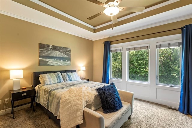 11446 S Longview Rd, Olathe, KS 66061 - bedroom with carpet, a tray ceiling, crown molding, and a ceiling fan