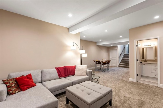 11446 S Longview Rd, Olathe, KS 66061 - living area with light carpet, recessed lighting, stairs, and beamed ceiling