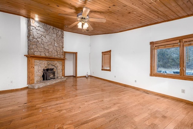 22450 Hatchell Rd, Tonganoxie, KS 66086 - unfurnished living room featuring ceiling fan, wooden ceiling, wood finished floors, baseboards, and crown molding