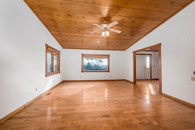 22450 Hatchell Rd, Tonganoxie, KS 66086 - spare room featuring vaulted ceiling, wood ceiling, a ceiling fan, baseboards, and light wood-style floors