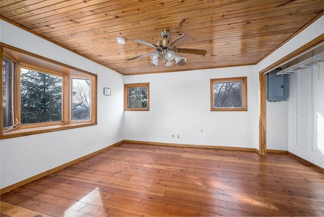 22450 Hatchell Rd, Tonganoxie, KS 66086 - unfurnished bedroom featuring baseboards, wood-type flooring, wooden ceiling, electric panel, and ornamental molding