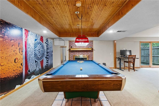 13008 Fontana St, Leawood, KS 66209 - game room featuring billiards, carpet floors, a brick fireplace, a tray ceiling, and recessed lighting