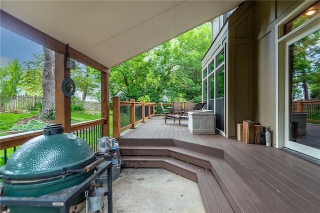 13008 Fontana St, Leawood, KS 66209 - wooden terrace featuring a grill and outdoor dining area