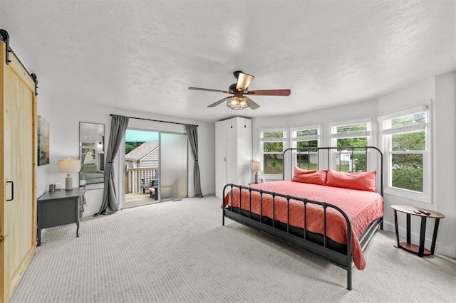 5741 Hadley St, Merriam, KS 66202 - bedroom with a barn door, multiple windows, light colored carpet, and a textured ceiling