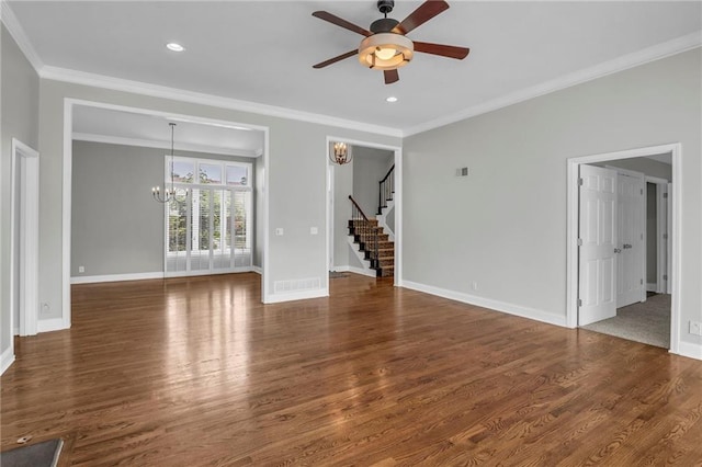 12428 Cambridge Cir, Leawood, KS 66209 - unfurnished living room featuring a ceiling fan, stairway, a chandelier, baseboards, and wood finished floors