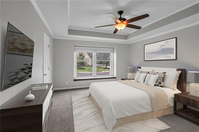 12428 Cambridge Cir, Leawood, KS 66209 - carpeted bedroom featuring a tray ceiling, crown molding, and ceiling fan