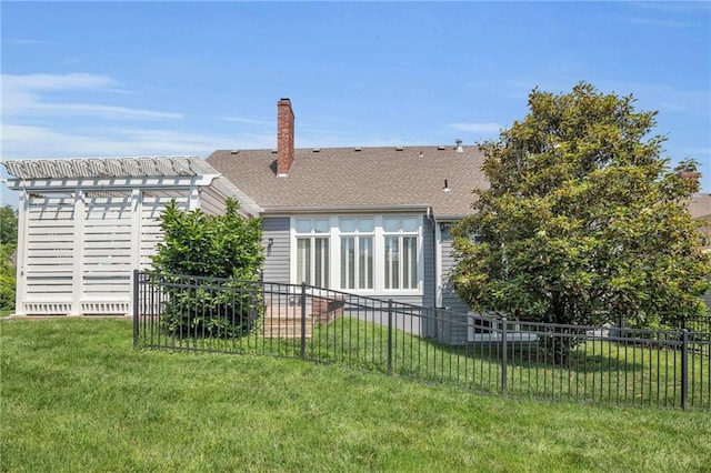 12428 Cambridge Cir, Leawood, KS 66209 - back of property featuring a pergola, a chimney, and roof with shingles