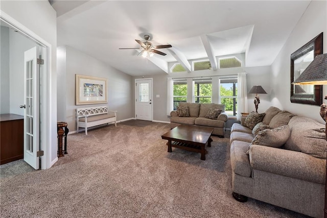 3906 Oo Hwy, Odessa, MO 64076 - living room featuring a ceiling fan, carpet, baseboards, and vaulted ceiling
