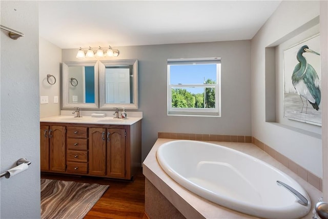 3906 Oo Hwy, Odessa, MO 64076 - full bathroom featuring double vanity, a garden tub, and wood finished floors