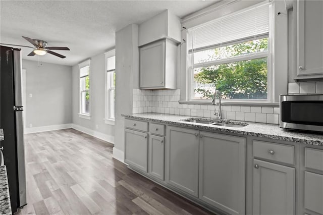 509 Pottawatomie St, Leavenworth, KS 66048 - kitchen with gray cabinetry, stainless steel microwave, backsplash, and a textured ceiling