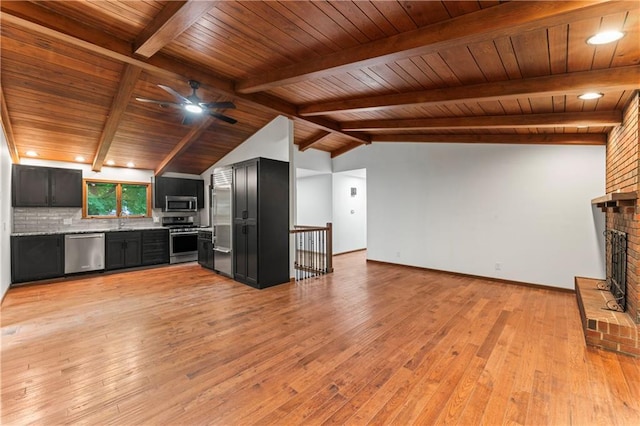804 5th St, Baldwin City, KS 66006 - kitchen with stainless steel appliances, a brick fireplace, dark cabinets, wood ceiling, and backsplash