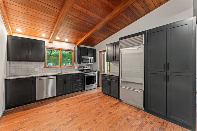 804 5th St, Baldwin City, KS 66006 - kitchen featuring appliances with stainless steel finishes, wooden ceiling, a sink, light wood-type flooring, and dark cabinets