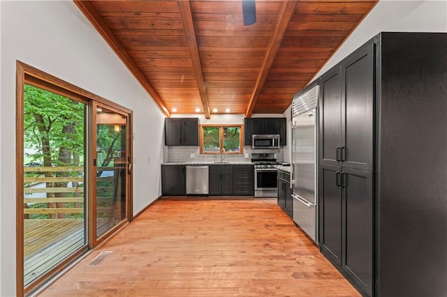 804 5th St, Baldwin City, KS 66006 - kitchen featuring stainless steel appliances, wood ceiling, tasteful backsplash, light wood-style flooring, and light countertops