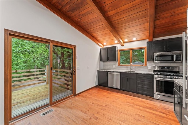 804 5th St, Baldwin City, KS 66006 - kitchen with appliances with stainless steel finishes, a sink, decorative backsplash, wooden ceiling, and light stone counters
