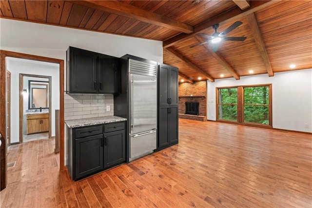 804 5th St, Baldwin City, KS 66006 - kitchen with wooden ceiling, ceiling fan, built in fridge, open floor plan, and light wood-style flooring