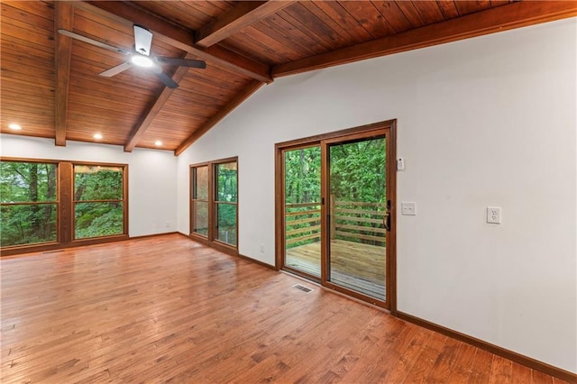 804 5th St, Baldwin City, KS 66006 - empty room with wooden ceiling, a ceiling fan, light wood finished floors, baseboards, and plenty of natural light