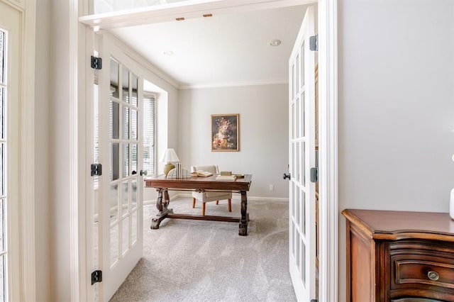 13310 W 129th St, Overland Park, KS 66213 - hallway with french doors, carpet floors, an office area, crown molding, and baseboards