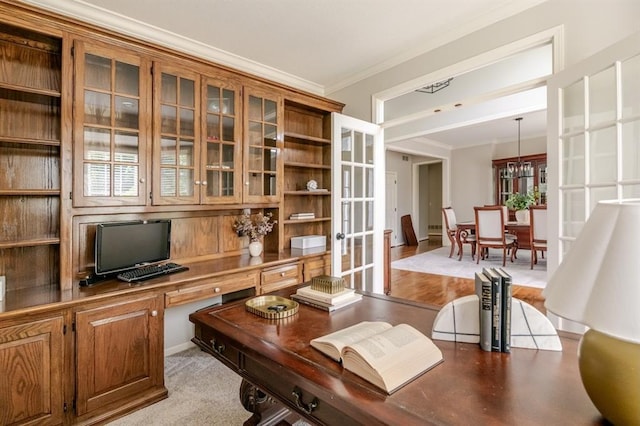 13310 W 129th St, Overland Park, KS 66213 - office area with built in desk, ornamental molding, french doors, and healthy amount of natural light
