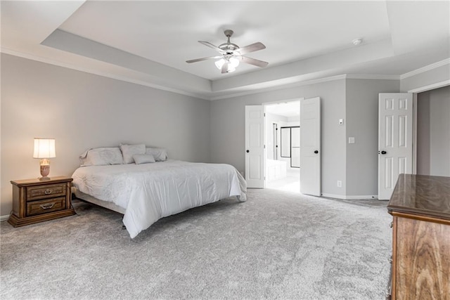 13310 W 129th St, Overland Park, KS 66213 - carpeted bedroom with a raised ceiling, baseboards, crown molding, and ceiling fan
